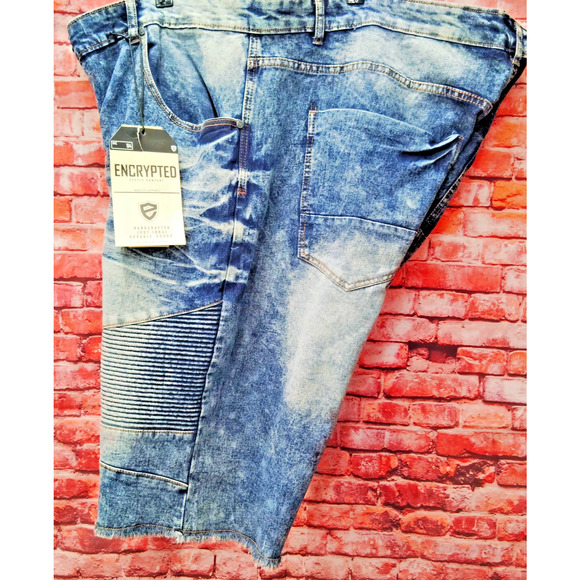 Encrypted Shorts Mens 42 Blue Denim Stretch Raw Hem Mineral Wash Casual Preppy - Picture 2 of 7